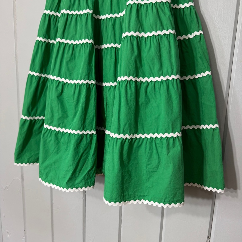 Moodie Green Babydoll Mini Dress Flare Ric Rac Trim Tie Front Smocked Back Large - Picture 4 of 15